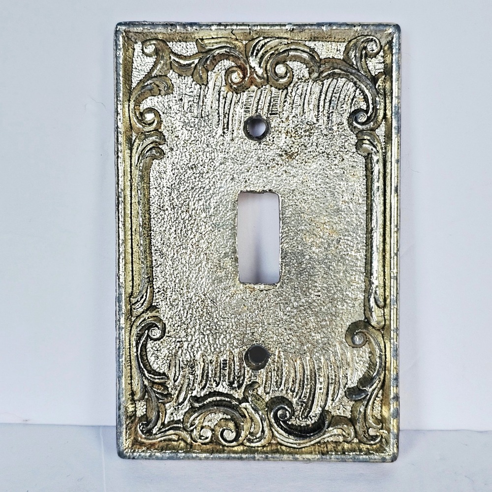 Vintage Dilly Mfg Co Light Switch Cover Ornate Metal Scroll Silver Gold Tone USA